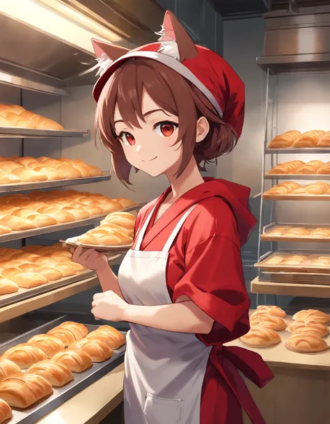 ((Cats ears)),((Baseball hat)),((Wearing a bright red robe)),Black underwear,A talented baker who meticulously forms the best dough for flaky pastries. The image is、Shows a well-equipped bakery with stainless steel countertops and a set of baking tools. Ba...