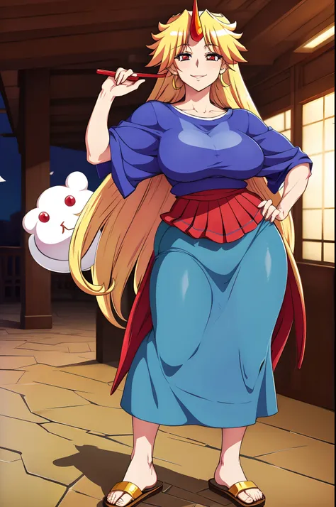 hoshiguma yuugi,medium breast , large skirt, traditional german clothing, bloon hair, red eyes, single horn,oni, closed pullover,long skirt,full body, standing, smile, flipflops