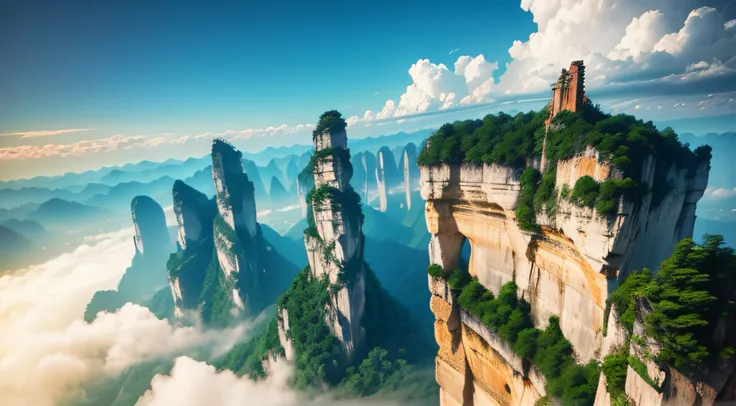 Aerial view of the cliffs，magnifica，Momentum，Birds eye view style of Zhangjiajie