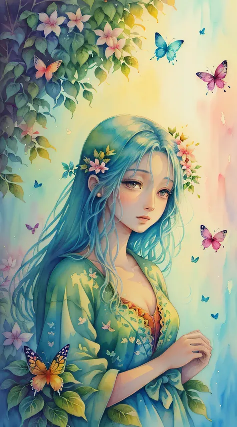 (aquarelle，painting of a，Plants fly around，harmony of butterfly，art work，A beautiful artwork illustration，Beautiful digital illustration，Beautiful and gorgeous，beautiful digital painting，In the style of the characters，In the style of painting，Butterfly，Fre...