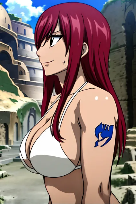 Scarlet erza, (tiny black bikini only), location: wresting colosseum with crowd watching, adult woman, big breasts, lying down, cowboy shot, best quality, ((right shoulder)), slightly strong arms, looking at viewer, important: shoulder tattoo only), big sm...