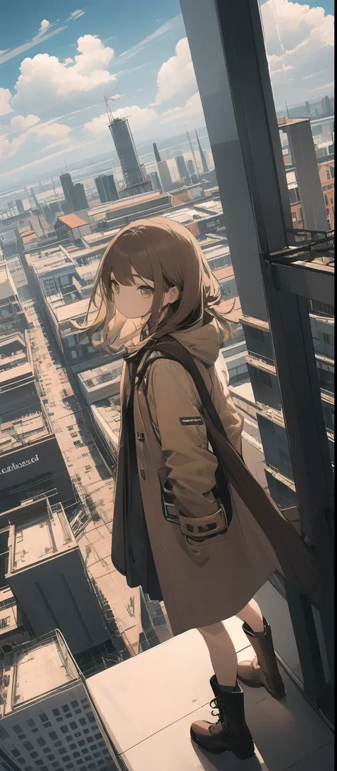 (masterpiece, best quality),from above , 1girl, billboard, brown eyes, brown hair, building, city, cloudy sky, coat, boots, crane (machine), dutch angle, from side, light frown, looking at viewer, outdoors, rooftop, sky, skyscraper