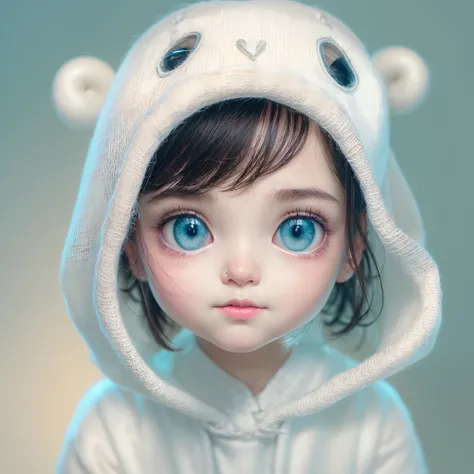 Top quality, masterpiece, super high resolution, ((reality: 1.4), pure white background, very cute and playful girl, ((portrait)), glossy skin, (ultra realistic details)), soft and bright girl , medium hair (black hair). Expressionless, 16K, round blue eye...