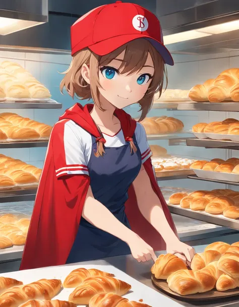 ((Cats ears)),((Wearing a baseball cap)),((Wearing a red cloak)),Black underwear,Clear blue eyes,A talented baker who meticulously forms the best dough for flaky pastries. The image is、Shows a well-equipped bakery with stainless steel countertops and a set...