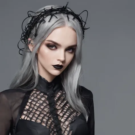 Girl in symbolic clothes of Gothic net, 。.。.com (Barbed wire for the body) brunette color hair，Gray hair ends