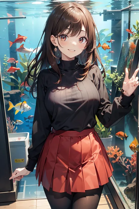 top-quality、Full limbs、complete fingers、Slender beauty、straight haired、Brown hair、((Black Long Sleeve Knit Top))、((Red Mini Flared Skirt))、Brown pantyhose、Beautiful Large Breasts、aquariums、Huge aquarium、Inside the aquarium、School of fish in the aquarium、Wa...