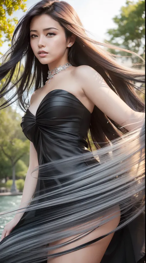 (Best quality,A high resolution,Ultra-detailed,Photorealistic:1.2),Beautiful silver to black gradient waves flowing in the breeze, Long flowing hair blows gracefully onto the womans face, Vibrant flowers in the background of the park, Close-up shot, Elegan...