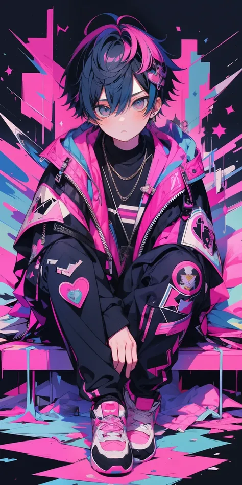 1 boy, (blue) hair, pink black jacket, sit pose