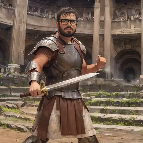 David, male, short beard, glasses, brown skin, chubby, wearing Roman armor, leather armor, fighting stance, holding a short sword, in a colosseum,