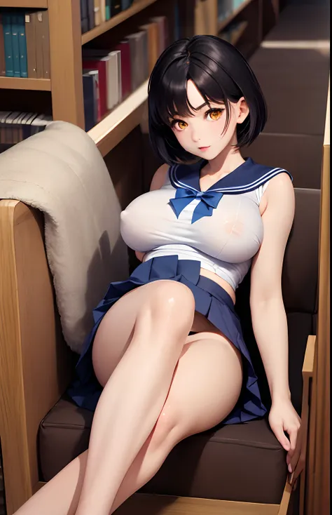 ​masterpiece, top-quality, 1girl in, A dark-haired, yellow  eyes, short-cut、Fluffy skirt、Raw feet、atlibrary、big breast beauty、Sailor Mercury