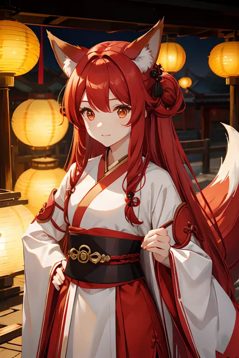 Red long-haired，Fox ears，fox tails，teens girl，Hanfu，lanterns