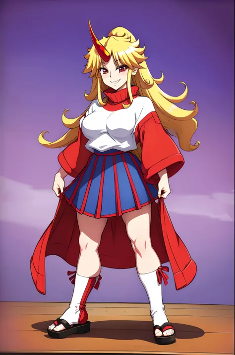 hoshiguma yuugi,medium breast , large skirt, traditional german clothing, bloon hair, red eyes, single horn,oni, closed pullover,long skirt,full body, standing, smile, flipflops