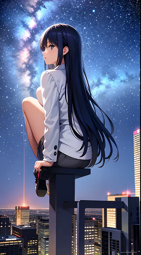 octane, sky, Star (sky), scenery, Starry sky, Night, 1girll, Night sky, Solo, Outdoors, signatures, Building, Cloud, Milky Way, Sitting, tree, Long hair, City, Silhouette, Cityscape