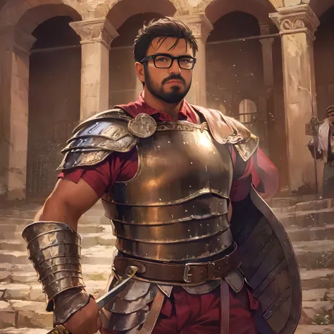 David, male, short beard, glasses, brown skin, chubby, wearing Roman armor, leather armor, fighting stance, holding a short sword, in a colosseum, portrait, close up, digital art, good anatomy, handsome face