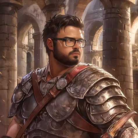 David, male, short beard, glasses, brown skin, chubby, wearing Roman armor, leather armor, fighting stance, holding a short sword, in a colosseum, portrait, close up, digital art, good anatomy, handsome face