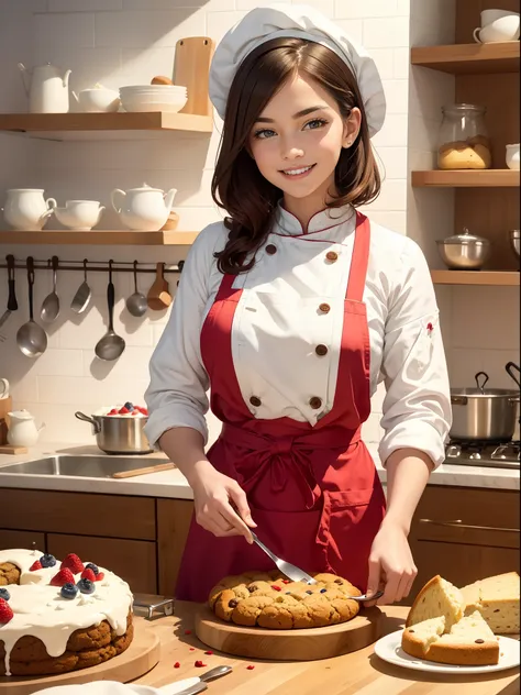 A girl baking cookies, cakes, wearing a beautiful red and white apron, with flour on her hands, realistic, beautiful kitchen, perfect looks, (8K UHD, masterpiece:1.2), smart work, beautiful background, detailed recipe cards, fresh ingredients, delightful a...