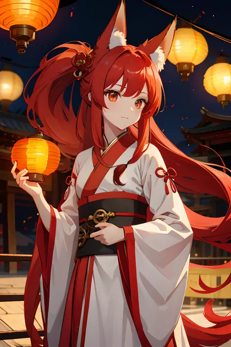 Red long-haired，Fox ears，fox tails，teens girl，Hanfu，lanterns