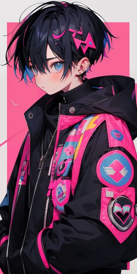 1 boy, blue hair, pink black jacket