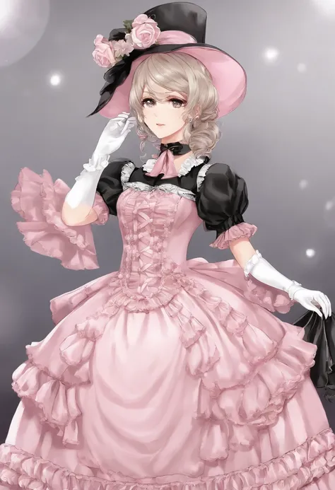 Arafe in a pink and black dress and hat, Takanobu Fujiwara(Fujiwara Takanobu)Digital rendering inspired by, pixiv, rococo, Victoria Gothic Lolita Fashion, Lolita Style, Rococo Queen (Rococo Queen), gothic maiden anime girl, rococo dress, anime girl in a ma...