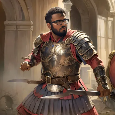 David, male, short beard, glasses, brown skin, chubby, wearing Roman armor, leather armor, fighting stance, holding a short sword, in a colosseum, portrait, close up