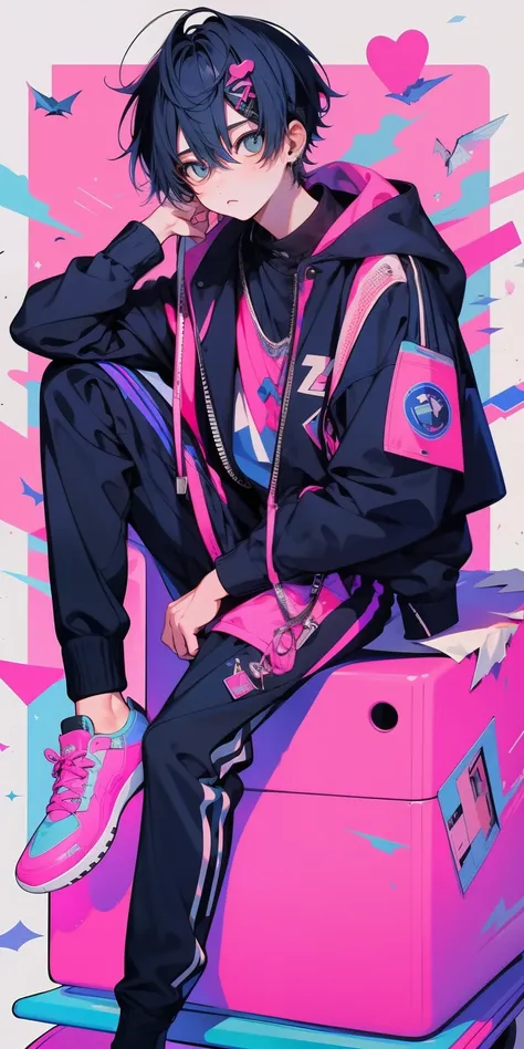 1 boy, (blue) hair, pink black jacket, cool sit pose