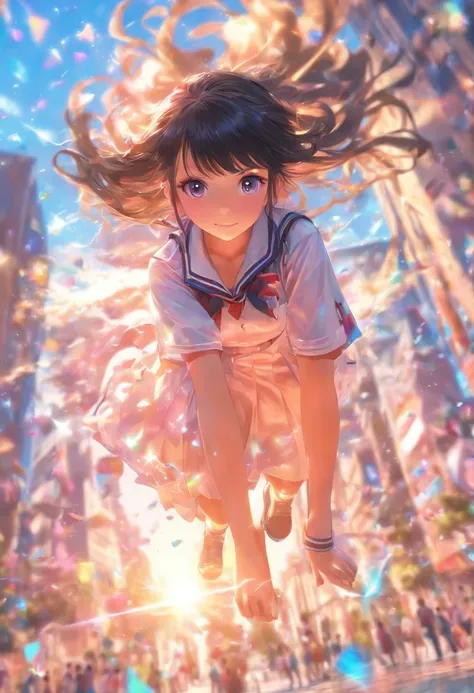 absurderes, hight resolution, ((masutepiece)), animesque、((Best Quality)),(lensflare)、 (Ultra-detailed), (Beautiful), ((Kawaii Girl)),  独奏,Beautiful face、White skin、​masterpiece,(12year old:1.6) ,(long pale black hair with a lot of fluorescent colors,,,)、(...