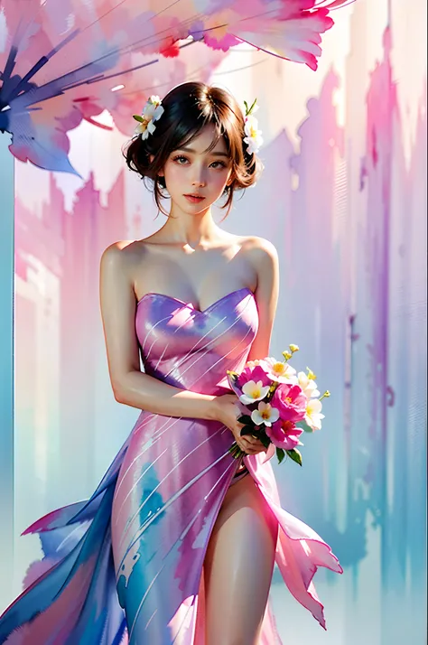 1girl,flower, Lisianthus ,in the style of light pink and light azure, dreamy and romantic compositions, pale pink, ethereal foliage, playful arrangements,fantasy, high contrast, ink strokes, explosions, over exposure, purple and red tone impression , abstr...