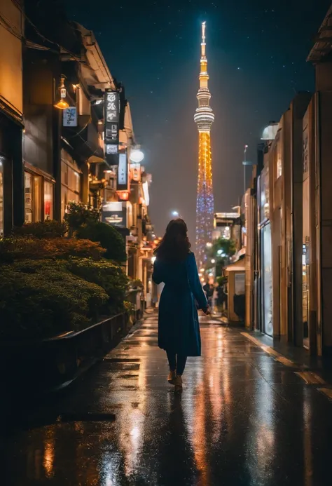 Stand on the Tokyo Skytree、20-year-old woman、nighttime scene、Milky Way Galaxy、Andromeda Nebula、tokyo streets、Flowing Lines of Light、