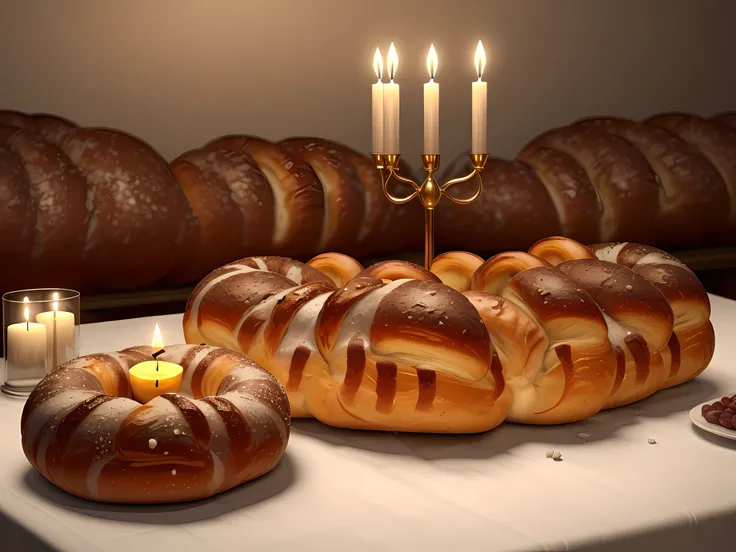 an illustration of a Jewish Shabbat table , 2 (Challahs:1.5) on the table, (2 lit candles: 1.3), (a wine goblet on the table: 1.4) , (white table cloth with embodiments 1.2), a close up look from above and the side, 2 freshly baked Challahs, with sesame se...