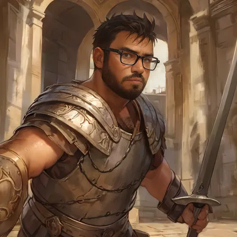 David, male, short beard, glasses, brown skin, chubby, wearing Roman armor, leather armor, fighting stance, holding a short sword, in a colosseum, digital art, good anatomy, handsome face