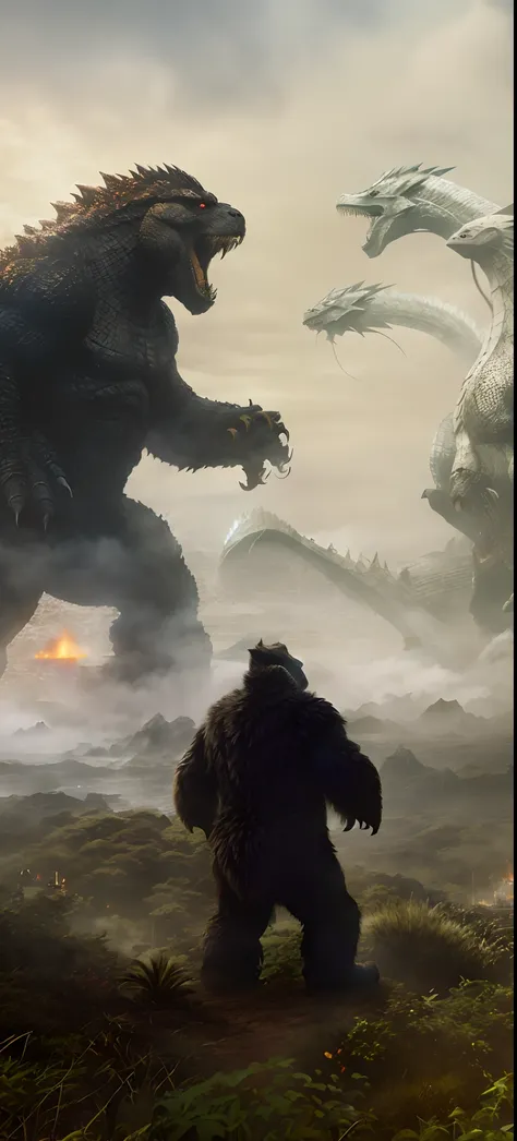 Godzilla and King Kong battle giant monsters in the fog, kaiju battle, dinosaurs and godzilla, liam neeson versus godzilla, Adam and Eve vs. Godzilla, hq 4k phone wallpaper, big titan creature in the center, monsters in the background, battle, wojtek fus, ...