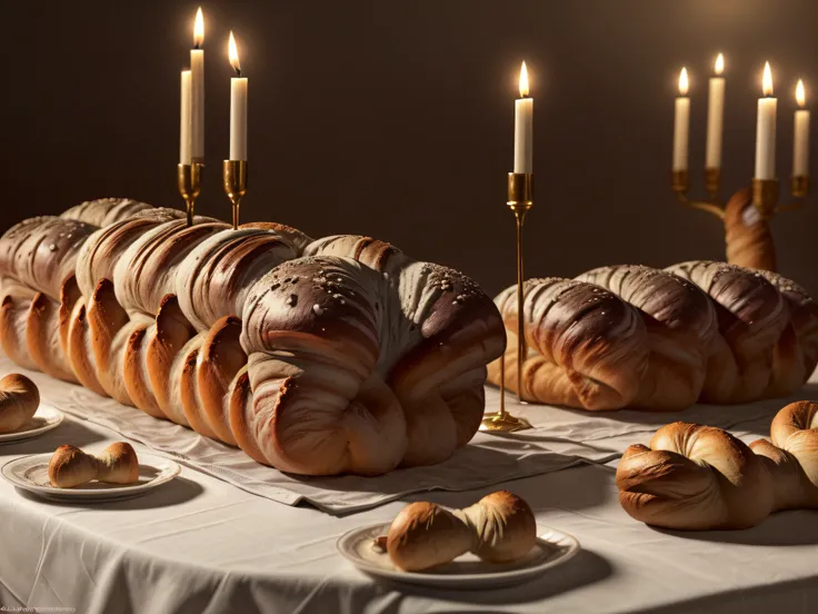 a picture of a Jewish Shabbat table , 2 (Challahs:1.5) on the table, (2 lit candles: 1.3), (a wine goblet on the table: 1.4) , (white table cloth with embodiments 1.2), a close up look from above and the side, 2 freshly baked Challahs, with sesame seeds, a...