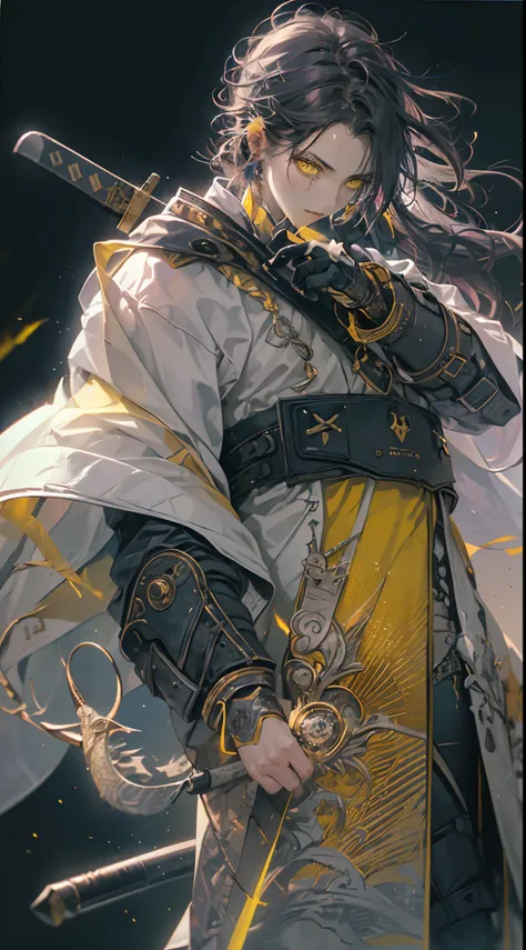 (1 Handsome Man)、Short hair、grey  eyes、Toned body、muscular male、traditional Chinese clothing、 wearing an eyepatch、(Top image quality)、(8K picture quality)、(cyberpunked)、(masutepiece)、 (Flickering of light)、(carry a sword)、cinematric light, Cinema Shadow, S...