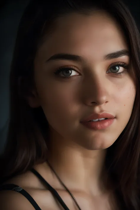 (close-up, editorial photograph of a 21 year old woman), (highly detailed face:1.4) (smile:0.7) (background inside dark, moody, private study:1.3) POV, by lee jeffries, nikon d850, film stock photograph ,4 kodak portra 400 ,camera f1.6 lens ,rich colors ,h...