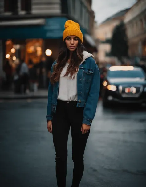 Girl Standing On The Street, latin girl, wearing a beanie, Realisitc, Photo