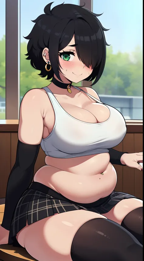 ((highres)), Masterpiece, high quality, best quality, beautiful, perfect lighting, detailed face, ultra cute face, ((1girl)), ((solo), full body, short hair, (black hair), ((hair over one eye)), (Fluffy hair), messy hair, looking at viewer, green eyes, (((...