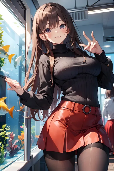 top-quality、Full limbs、complete fingers、Slender beauty、straight haired、Brown hair、((Black Long Sleeve Knit Top))、((Red Mini Flared Skirt))、Brown pantyhose、Beautiful Large Breasts、aquariums、High ceiling、Huge aquarium、Inside the aquarium、School of fish in th...