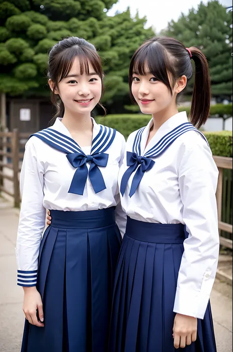 2 girls standing in old-Japan school yard,white sailor shirt with bow tie,indigo hakama bottom,dark red small bow on hair,18-year-old,bangs,a little smiles,low poneytail,from below