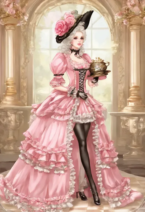 Arafe in a pink and black dress and hat, Takanobu Fujiwara(Takanobu Fujiwara)Digital rendering inspired by, pixiv, rococo, Victoria Gothic Lolita Fashion, Lolita Style, Rococo Queen (Rococo Queen) (Rococo Queen (Rococo Queen)) (Rococo Queen (Rococo Queen) ...