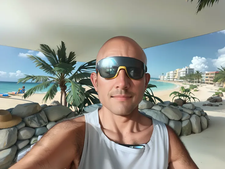 Bald man in sunglasses and white shirt on the beach, homem de 50 anos de idade, imagem do avatar, imagem de perfil, goggles on forehead, Foto selfie 8k, yellow sport glasses, point of view of visor wearer, goggles, wearing goggles, wearing facemask and sun...