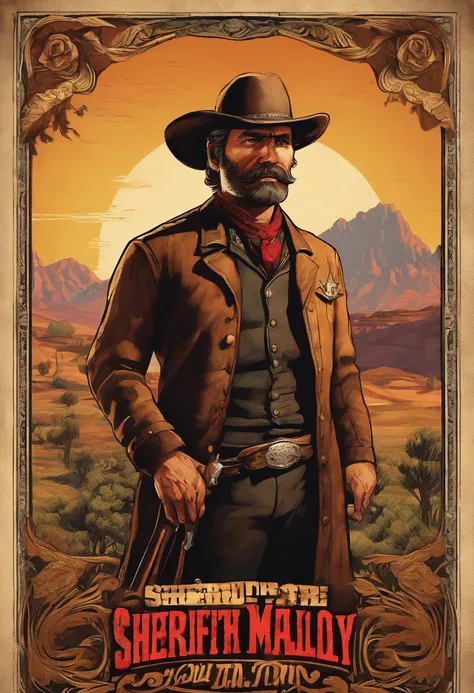 Full body picture of sheriff Curtis Malloy from Red Dead Redemption 2, detailed portrait, vintage illustration, high-res, realistic colors, intricate drawing, vibrant colors, dramatic lighting, full body shot, Nevada hat, nothing but mustache, full body fr...