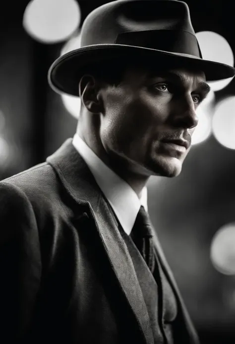 (best quality,ultra-detailed,realistic:1.37),portrait,illustration,oil painting,Tommy Shelby,Peaky Blinders,dark background,1920s fashion,gangster style,determined expression,sharp cheekbones,well-groomed facial hair,stern look,crisp suit,classic fedora ha...