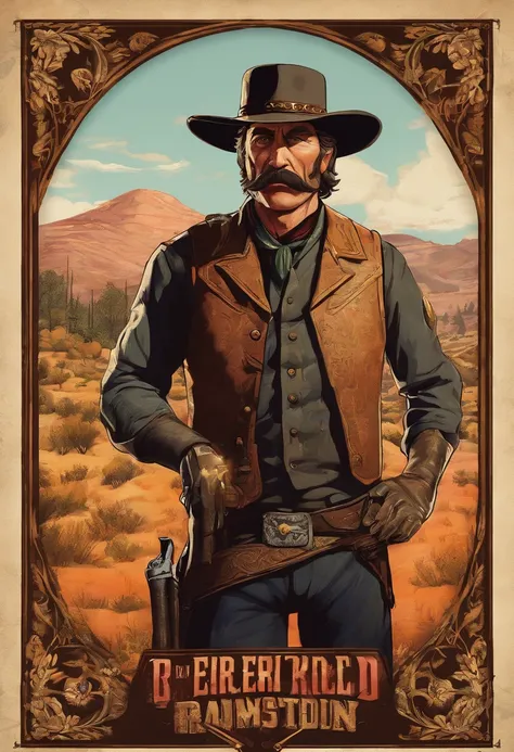 Full body picture of sheriff Curtis Malloy from Red Dead Redemption 2, detailed portrait, vintage illustration, high-res, realistic colors, intricate drawing, vibrant colors, dramatic lighting, full body shot, Nevada hat, nothing but mustache, full body fr...