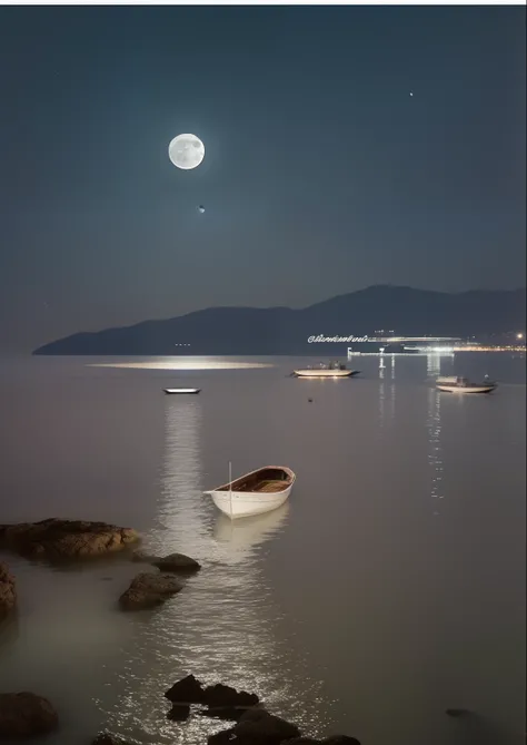 There is a boat that is floating on the water at night, float under moon light at night, The Moon reflects on the water, Moon reflecting in water, Directed by: Demetrios Farmakopoulos, at night with moon light, panoramic view at night, O brilho do luar, Di...