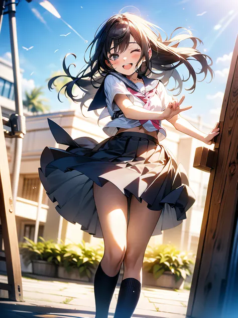 in 8K、top-quality、​masterpiece、ultra-detailliert、Ultra-high resolution、Anime style、1 High School Girl、校服、heavy wind、Check skirt、Skirt flipping in the wind、dance