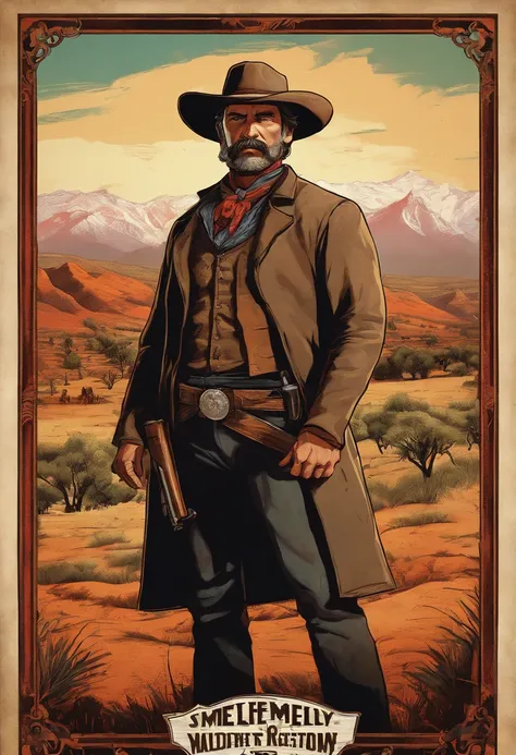 Full body picture of sheriff Curtis Malloy from Red Dead Redemption 2, detailed portrait, vintage illustration, high-res, realistic colors, intricate drawing, vibrant colors, dramatic lighting, full body shot, Nevada hat, nothing but mustache, full body fr...