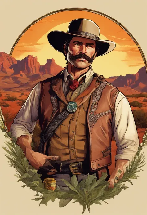 Full body picture of sheriff Curtis Malloy from Red Dead Redemption 2, detailed portrait, vintage illustration, high-res, realistic colors, intricate drawing, vibrant colors, dramatic lighting, full body shot, Nevada hat, nothing but mustache, full body fr...