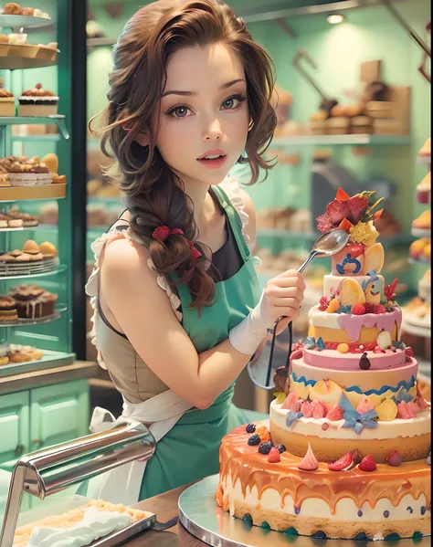 A detailed cake, cute, saturated colors, In a bakery, (cake:1.3), masterpiece, best quality, beautiful slim girl, wearing an apron, small waist, wide hips, beautiful girl, chyler Leigh