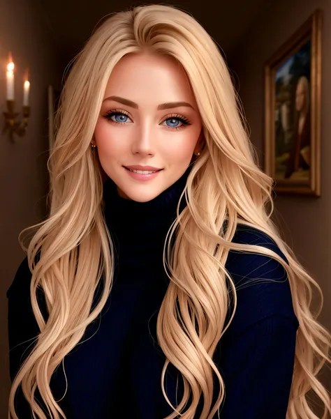 Meisterwerk, absurdres,HDR ,Hochdetaillierte Augen und Gesicht,Smileing, Nice nod_frau, eine Frau mit langen blonden Haaren und einem schwarzen Pullover ,Perfektes Nicken_full-body,Perfektes Nicken_Gesicht,