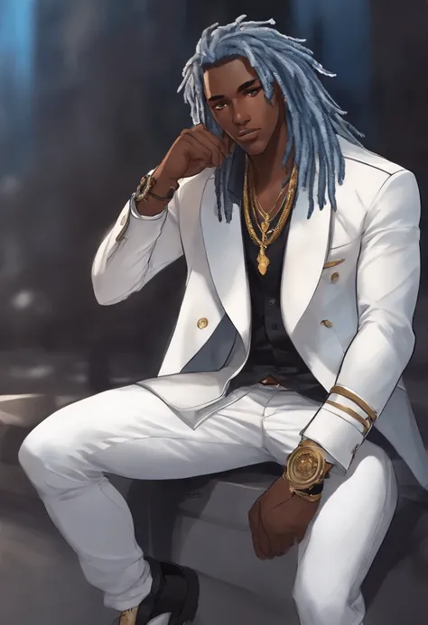 Dark skinned young man with blue eyes and a black jacket, light blue dreadlocks, dreadlock style hair, in an anime style, colored sketch, unrealistic character concept, character concept portrait of me, detailed character portrait, anime style character, a...